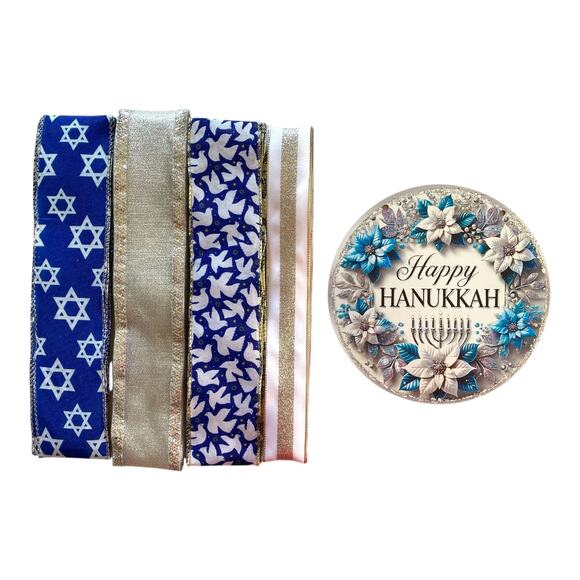 Hanukkah Wreath Kit | Happy Hanukkah Sign + Wired Ribbons | DIY Holiday Decor - Picture 6 of 6